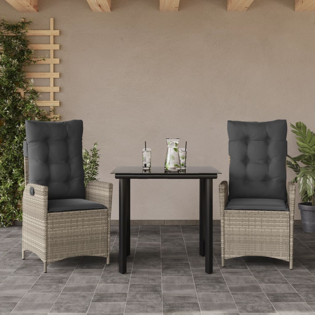 Ensemble à manger de jardin 3pcs coussins gris clair poly rotin