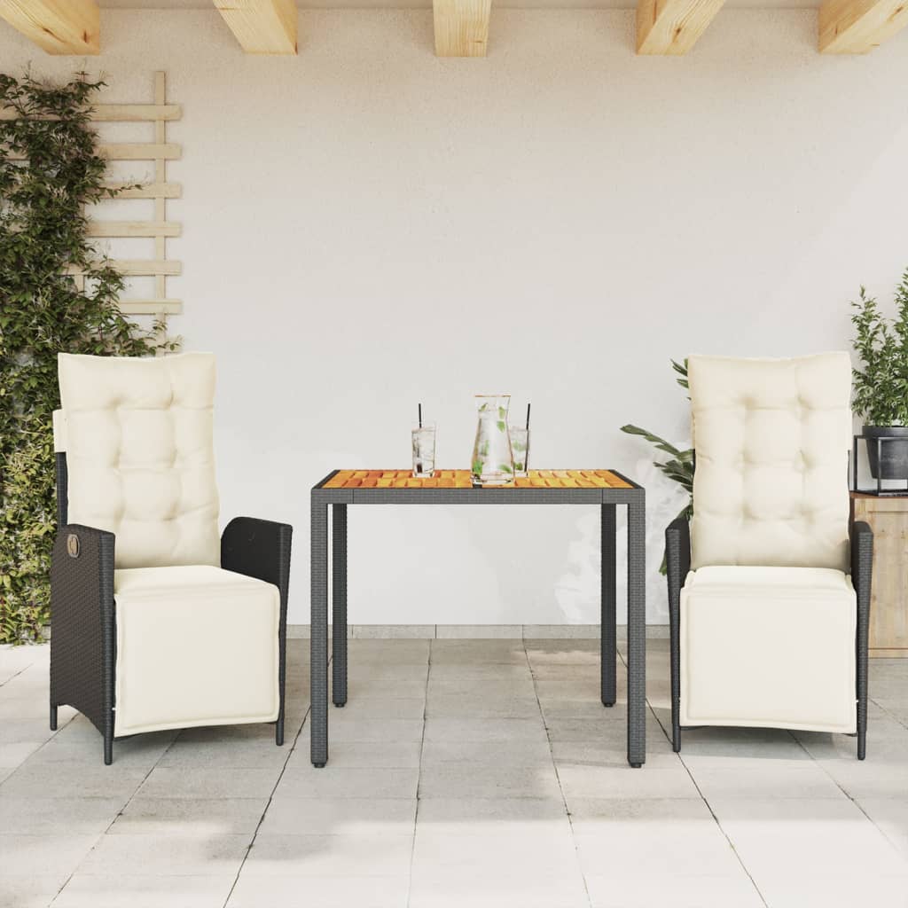 Ensemble à manger de jardin avec coussins 3 pcs Noir
