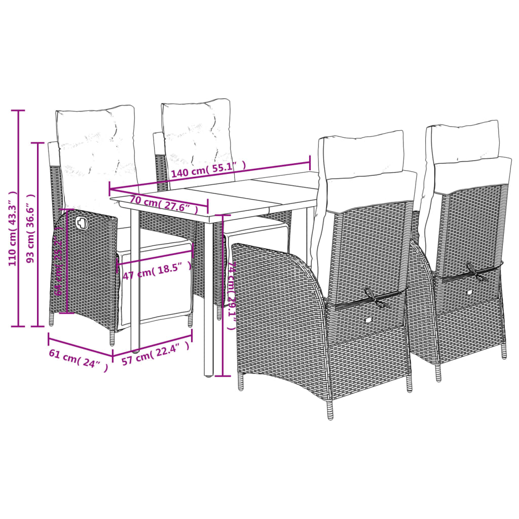 Ensemble à manger de jardin coussins 5pcs Noir Résine tressée