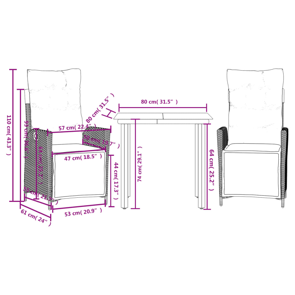 Ensemble à manger de jardin 3 pcs et coussins marron poly rotin