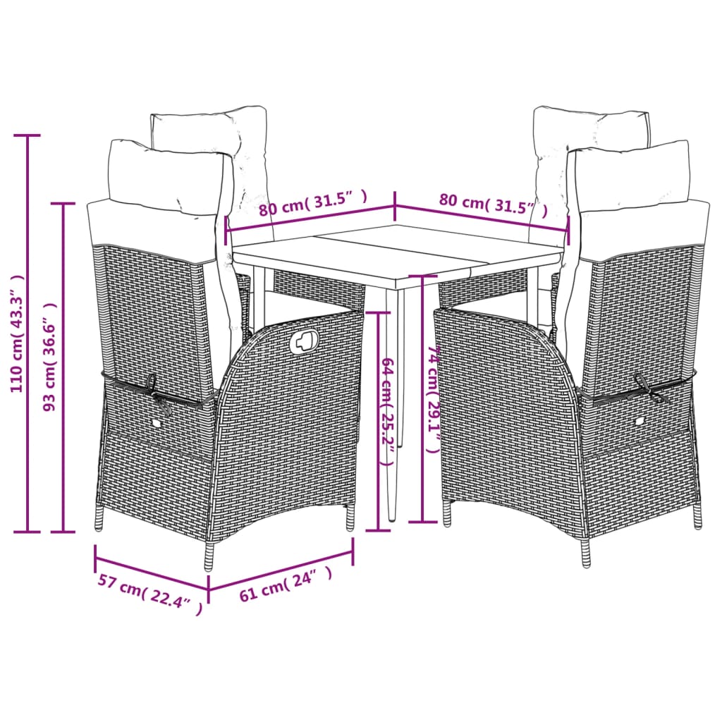Ensemble à manger de jardin coussins 5 pcs mélange beige rotin