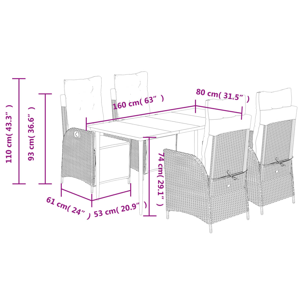 Ensemble à manger de jardin coussins 5 pcs mélange beige rotin