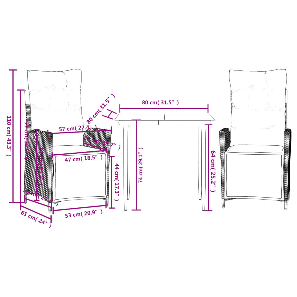 Ensemble à manger de jardin 3pcs coussins gris clair poly rotin