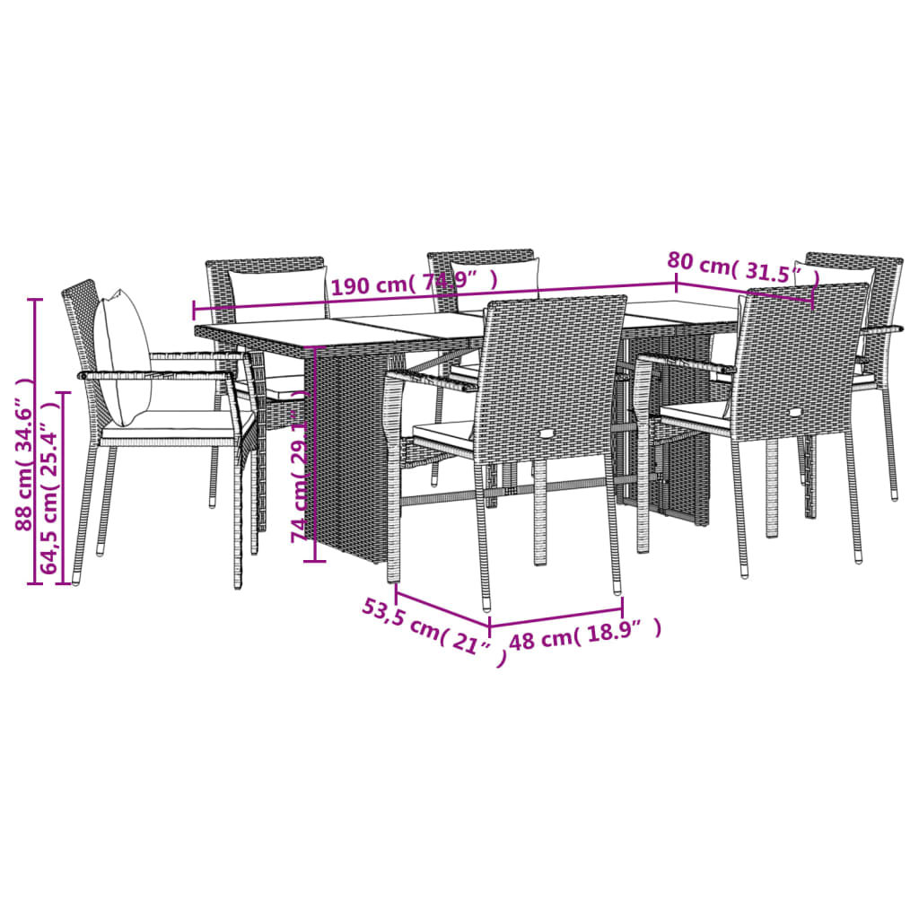 Ensemble à manger de jardin et coussins 7 pcs gris rotin