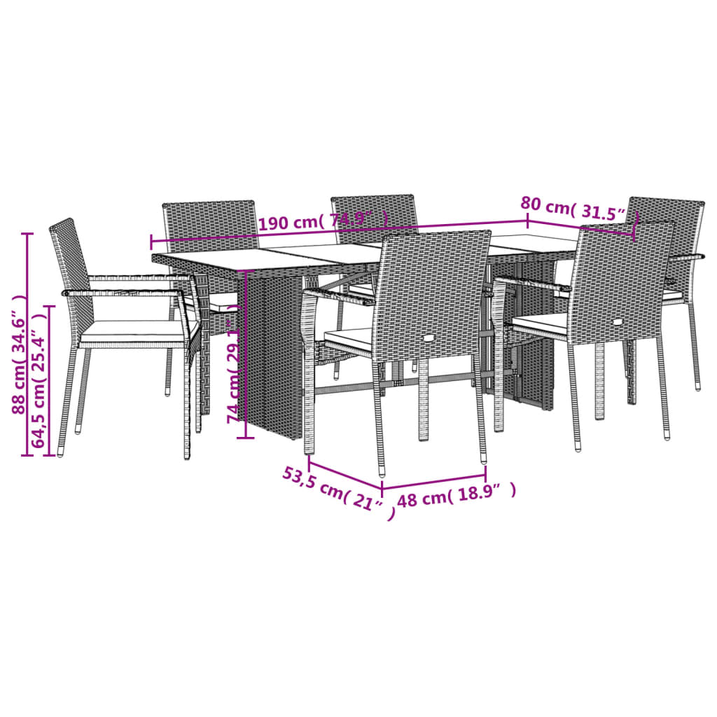 Ensemble à manger de jardin et coussins 7 pcs gris rotin