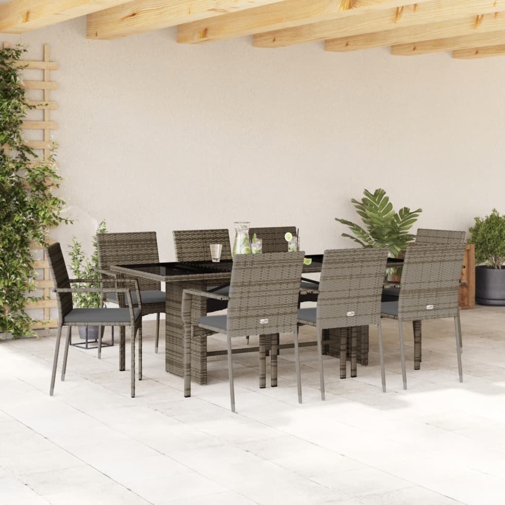 Ensemble à manger de jardin 9 pcs coussins gris résine tressée