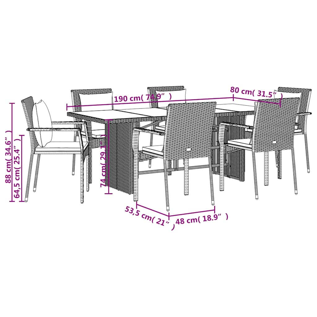 Ensemble à manger de jardin coussins 7pcs Noir Résine tressée