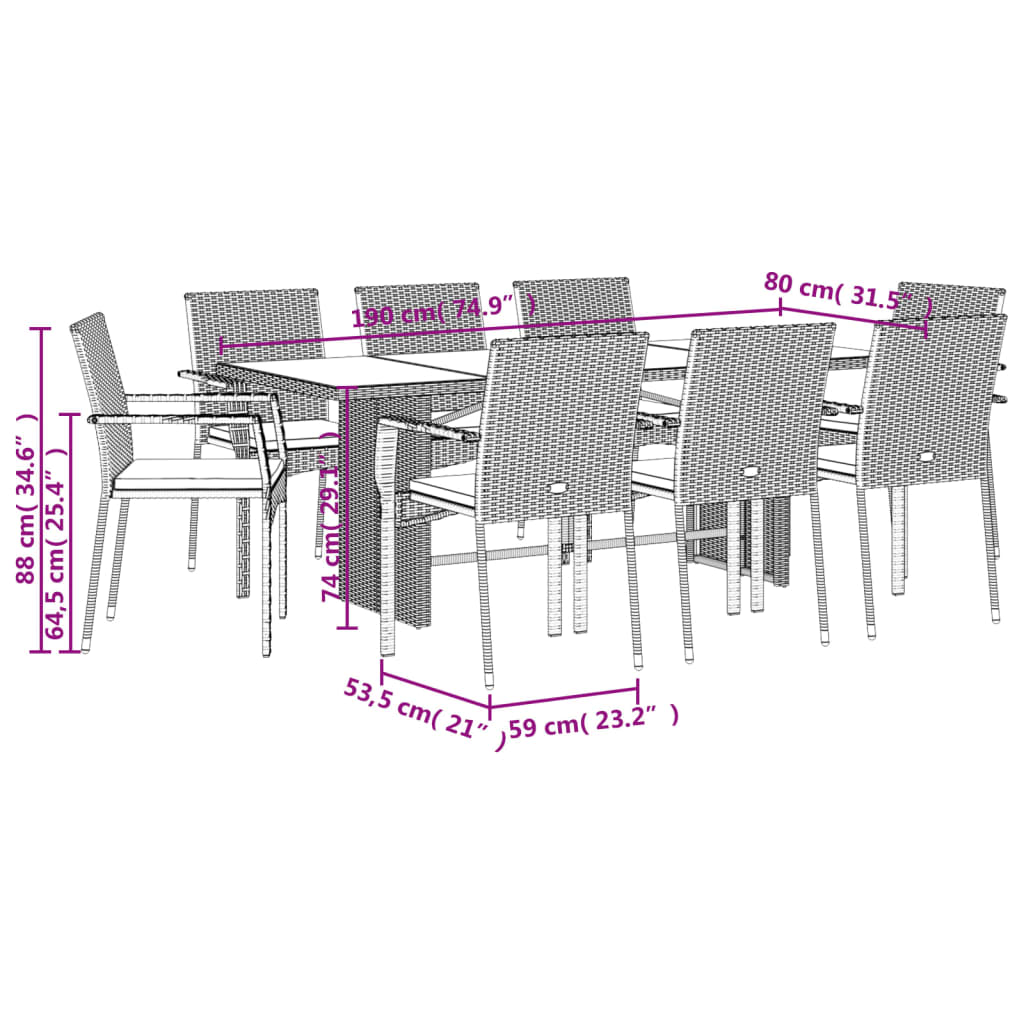 Ensemble à manger de jardin 9 pcs coussins gris résine tressée