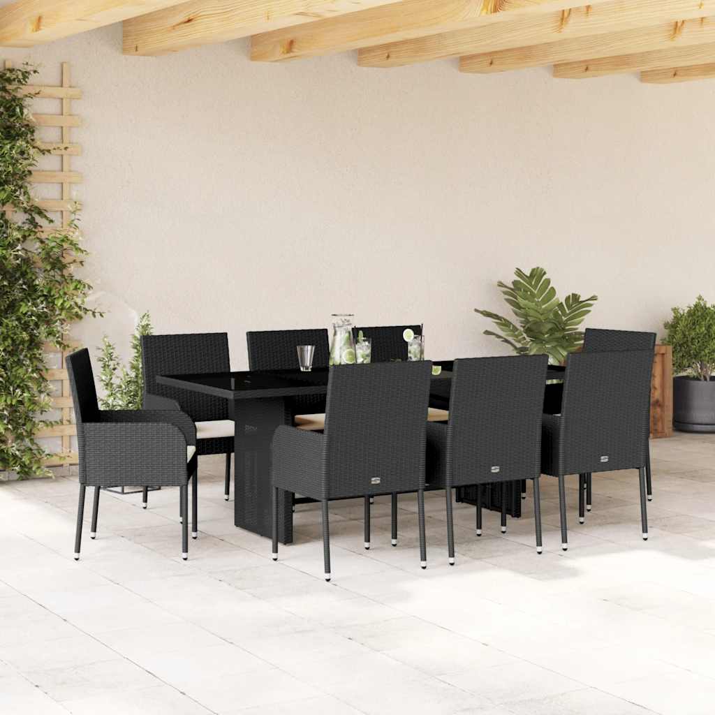 Ensemble à manger de jardin 9pcs coussins noir résine tressée