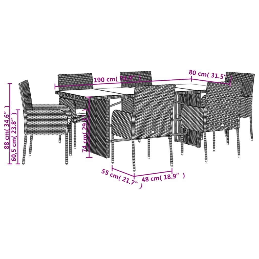 Ensemble à manger de jardin et coussins 7 pcs gris rotin