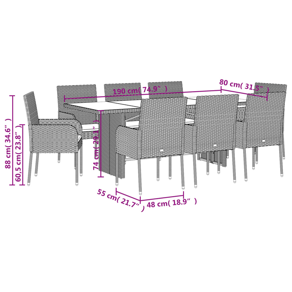 Ensemble à manger de jardin 9 pcs coussins gris résine tressée