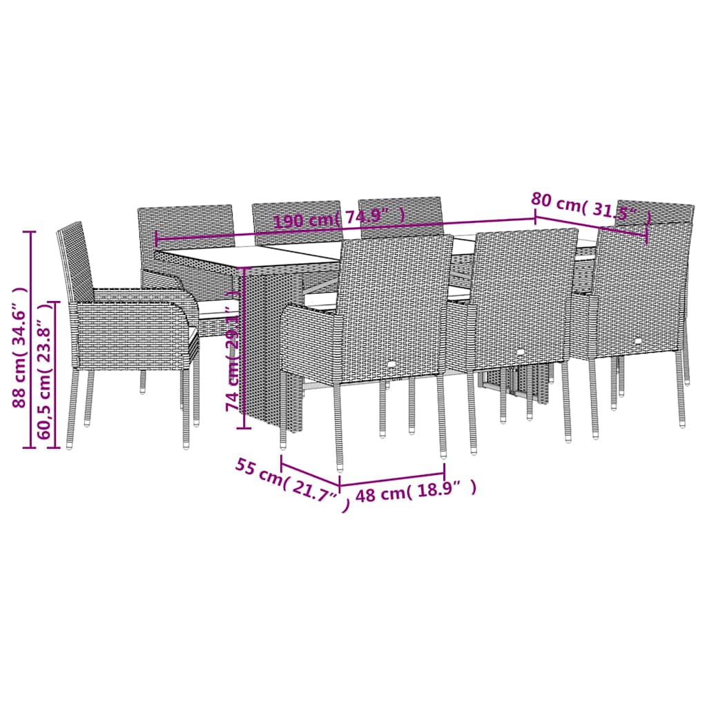 Ensemble à manger de jardin 9pcs coussins noir résine tressée