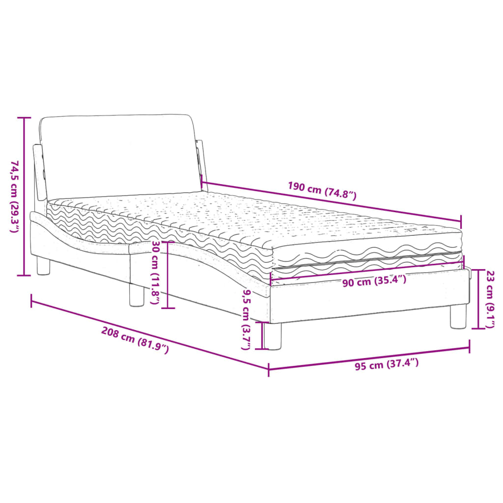 Lit avec matelas Dover gris 90x190 cm similicuir - XIOS