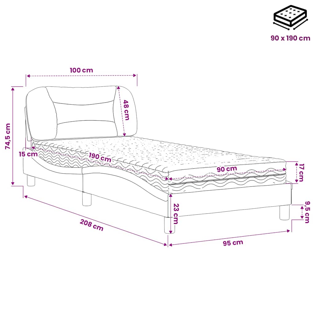 Lit avec matelas Hvar crème 90x190 cm tissu