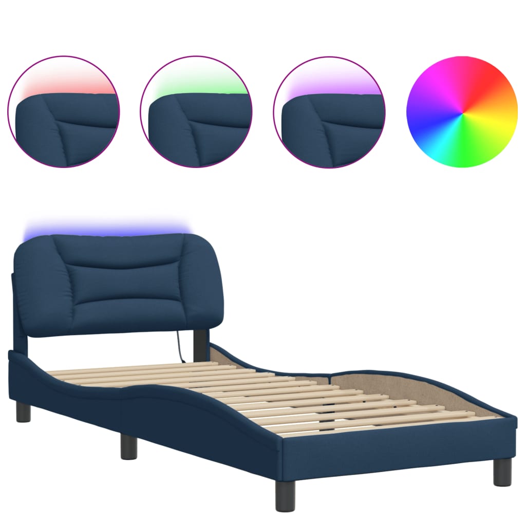 Cadre de lit avec LED sans matelas bleu 90x200 cm tissu - XIOS