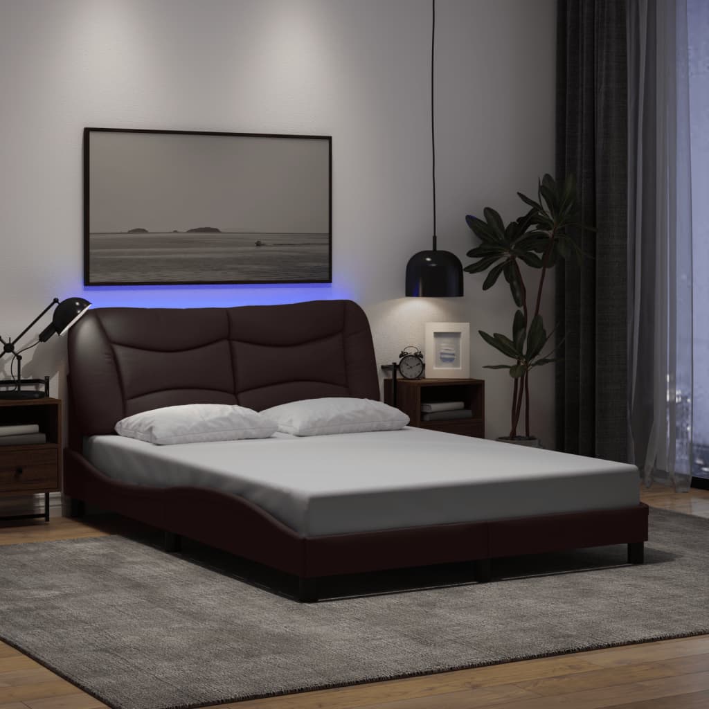 Cadre de lit avec LED sans matelas marron foncé 140x200cm tissu - XIOS