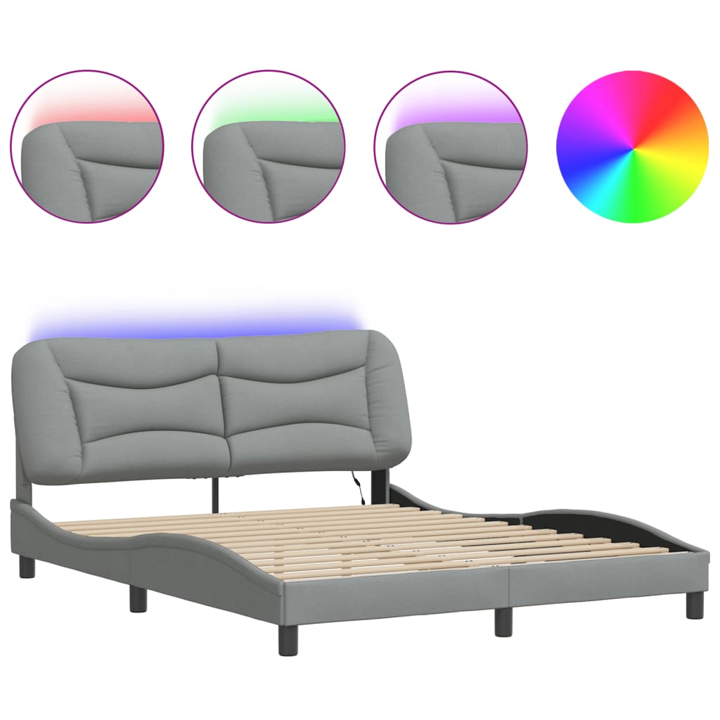 Cadre de lit avec LED sans matelas gris clair 160x200 cm tissu - XIOS