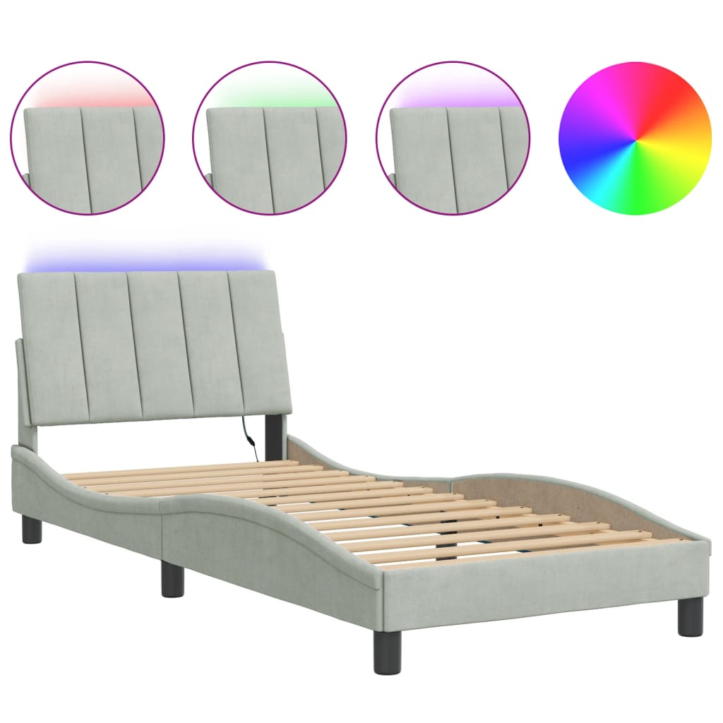 Cadre de lit avec LED sans matelas gris clair 90x190 cm velours - XIOS