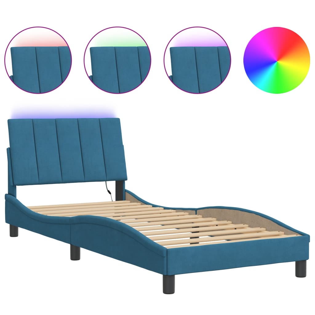 Cadre de lit avec LED sans matelas Hanko bleu 90x190 cm velours - XIOS