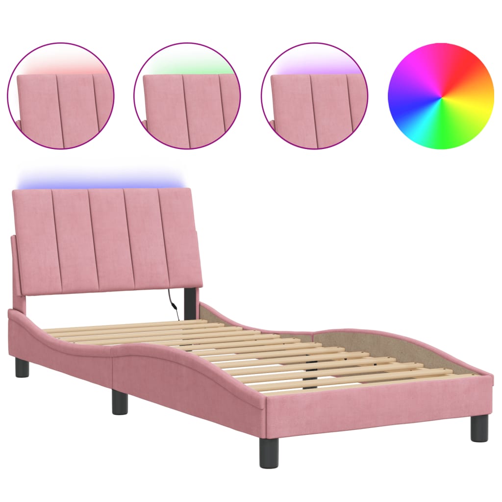 Cadre de lit avec LED sans matelas Hanko rose 90x200 cm velours