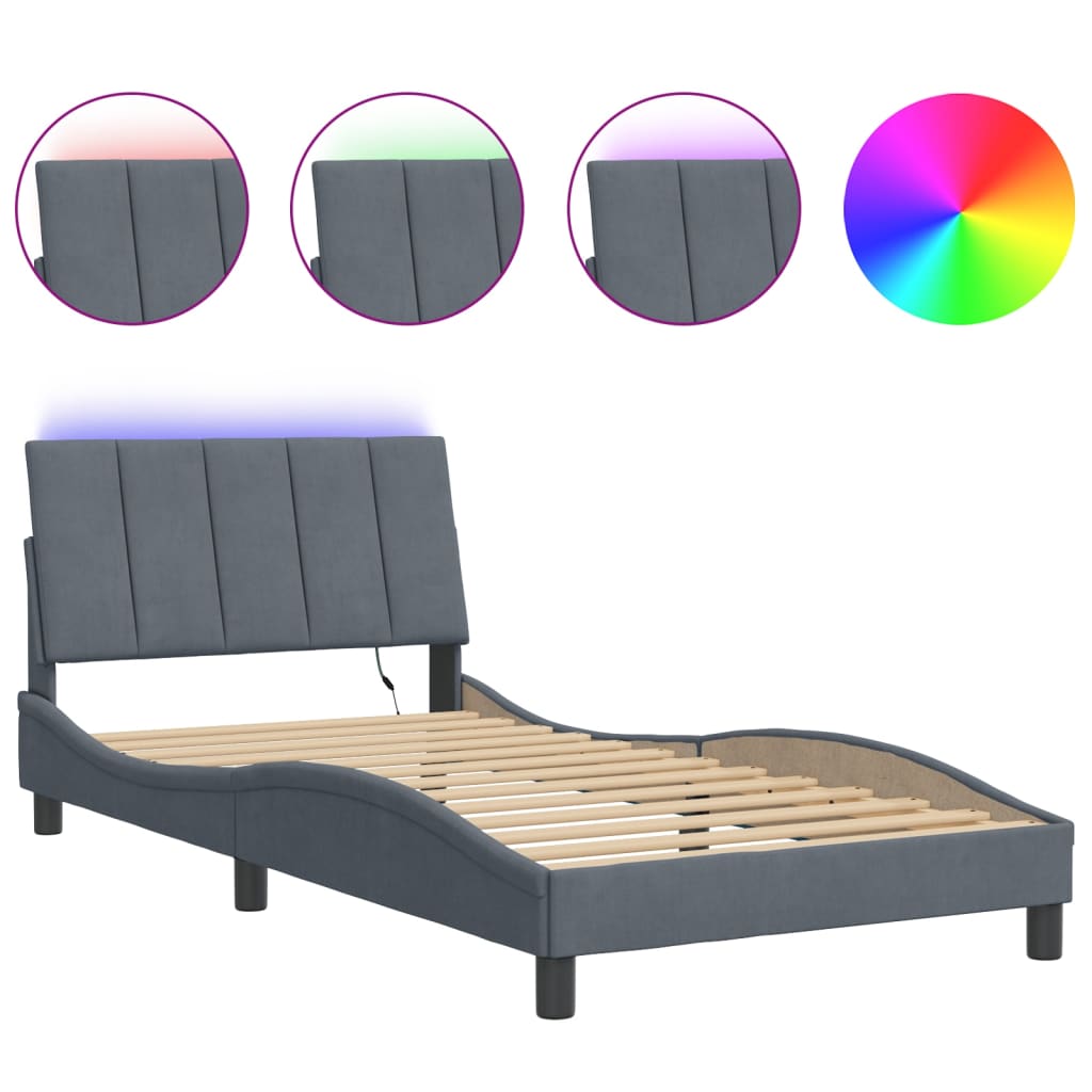 Cadre de lit avec LED sans matelas gris foncé 100x200cm velours - XIOS
