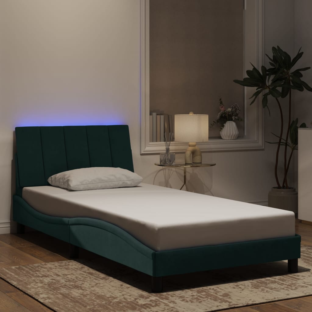 Cadre de lit avec LED sans matelas Hanko vert foncé 100x200cm velours