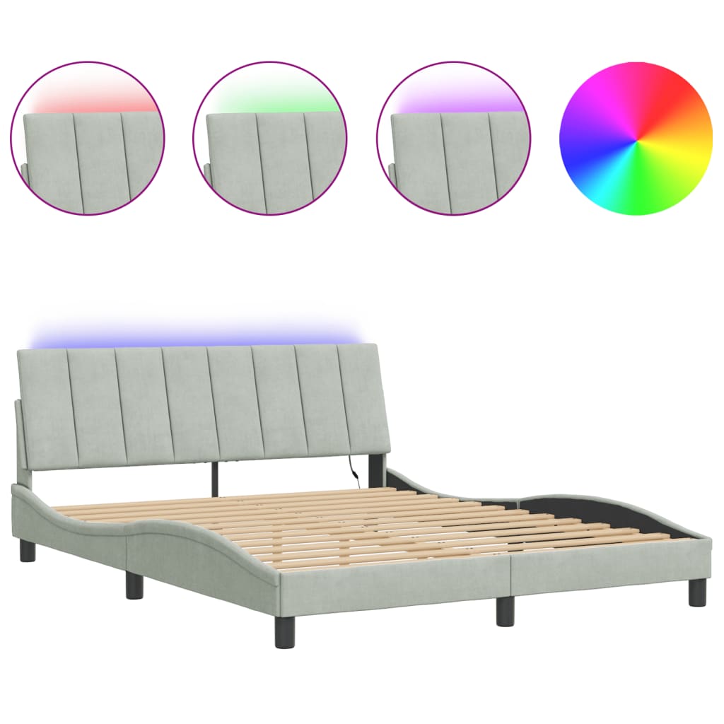 Cadre de lit avec LED sans matelas gris clair 160x200cm velours - XIOS