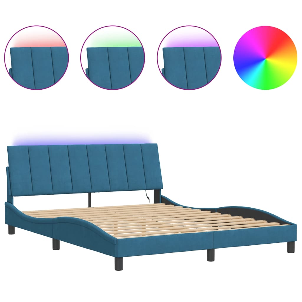 Cadre de lit avec LED sans matelas bleu 160x200 cm velours - XIOS