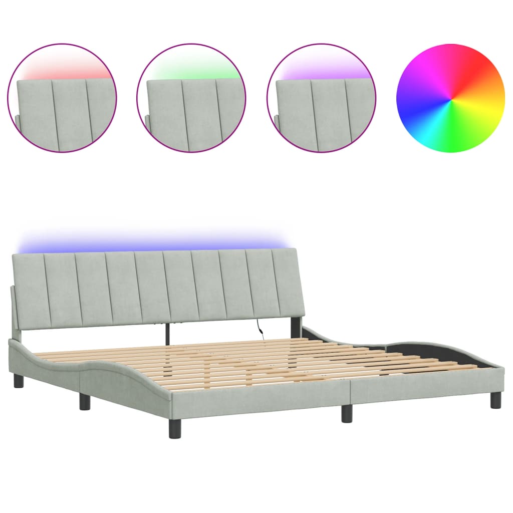 Cadre de lit avec lumières LED gris clair 200x200 cm velours - XIOS