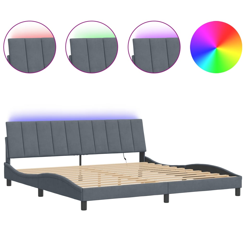 Cadre de lit avec lumières LED gris foncé 200x200 cm velours - XIOS
