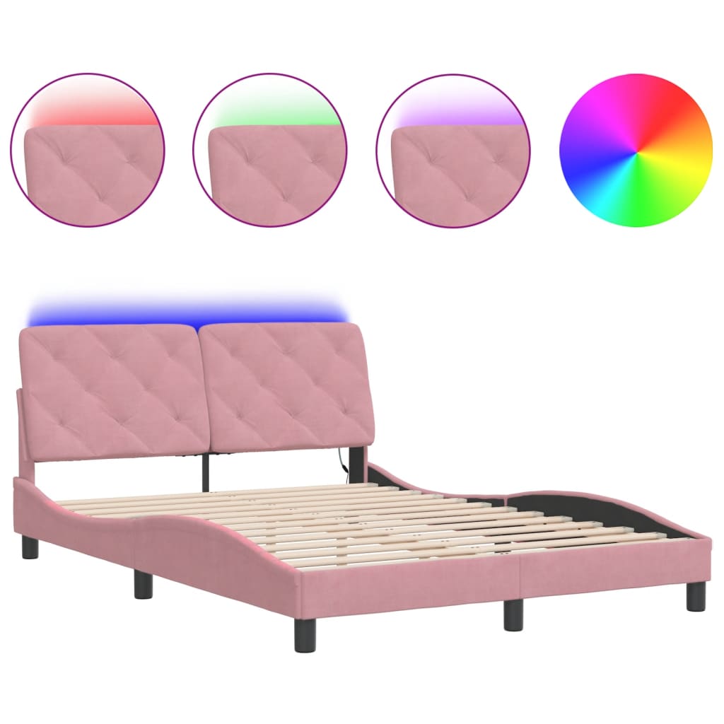 Cadre de lit avec LED sans matelas rose 140x200 cm velours - XIOS