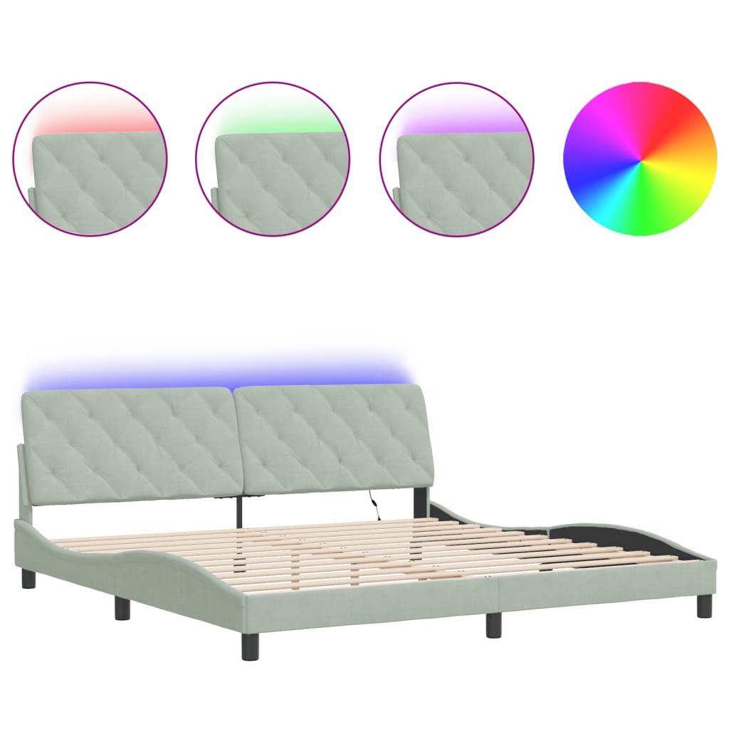 Cadre de lit avec lumières LED gris clair 200x200 cm velours - XIOS