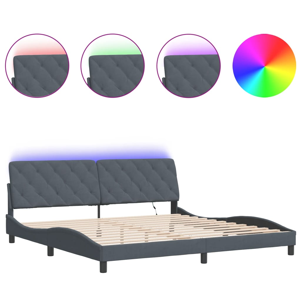 Cadre de lit avec lumières LED gris foncé 200x200 cm velours - XIOS