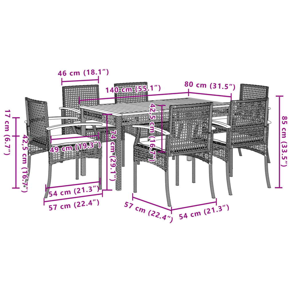Ensemble à manger de jardin et coussins 7 pcs gris rotin