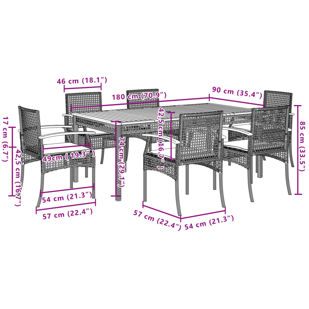 Ensemble à manger de jardin et coussins 7 pcs gris rotin