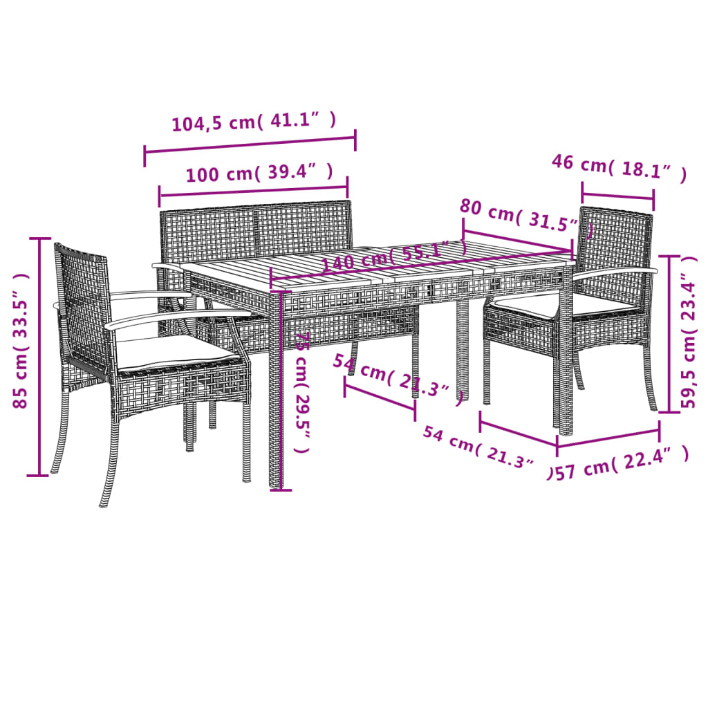 Ensemble à manger jardin 4pcs et coussins Gris Résine tressée