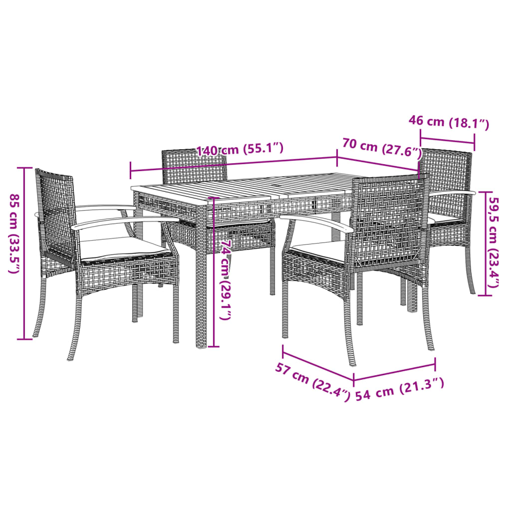 Ensemble à manger de jardin avec coussins 5pcs Beige poly rotin
