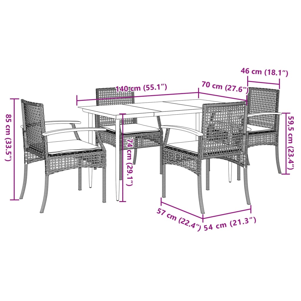 Ensemble à manger de jardin coussins 5pcs Noir Résine tressée