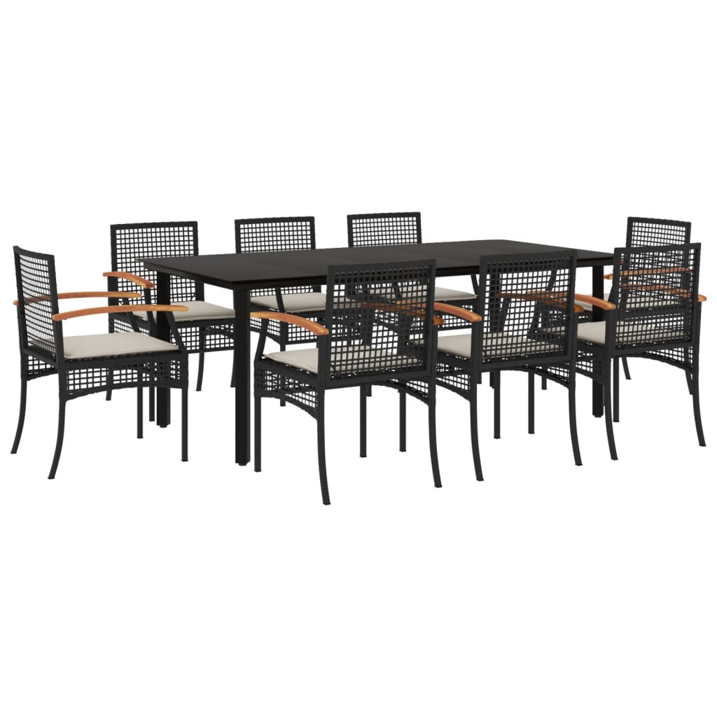 Ensemble à manger de jardin 9pcs coussins noir résine tressée