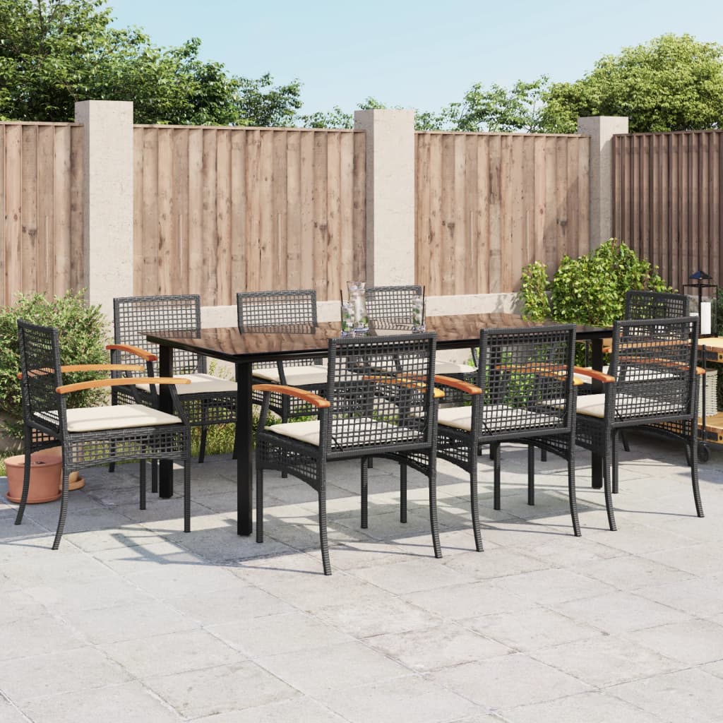 Ensemble à manger de jardin 9pcs coussins noir résine tressée