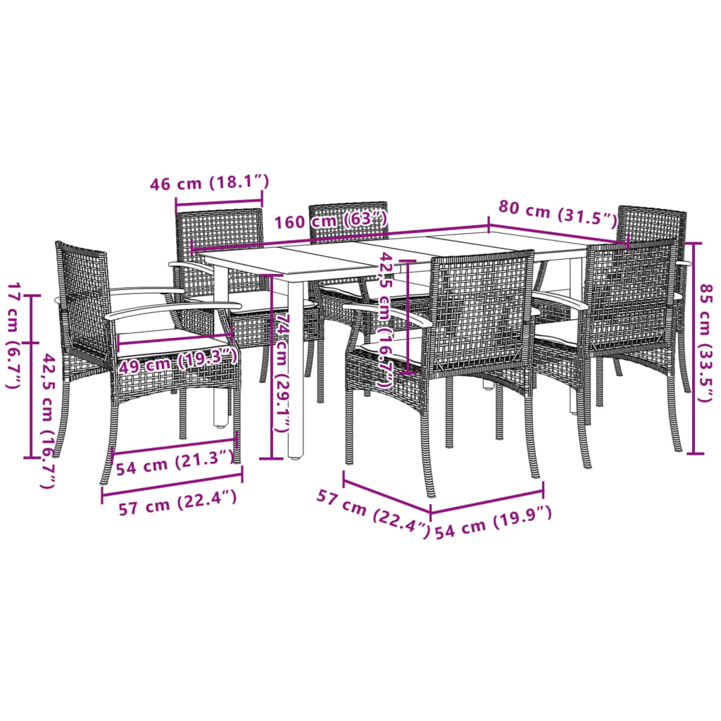 Ensemble à manger de jardin et coussins 7 pcs gris rotin