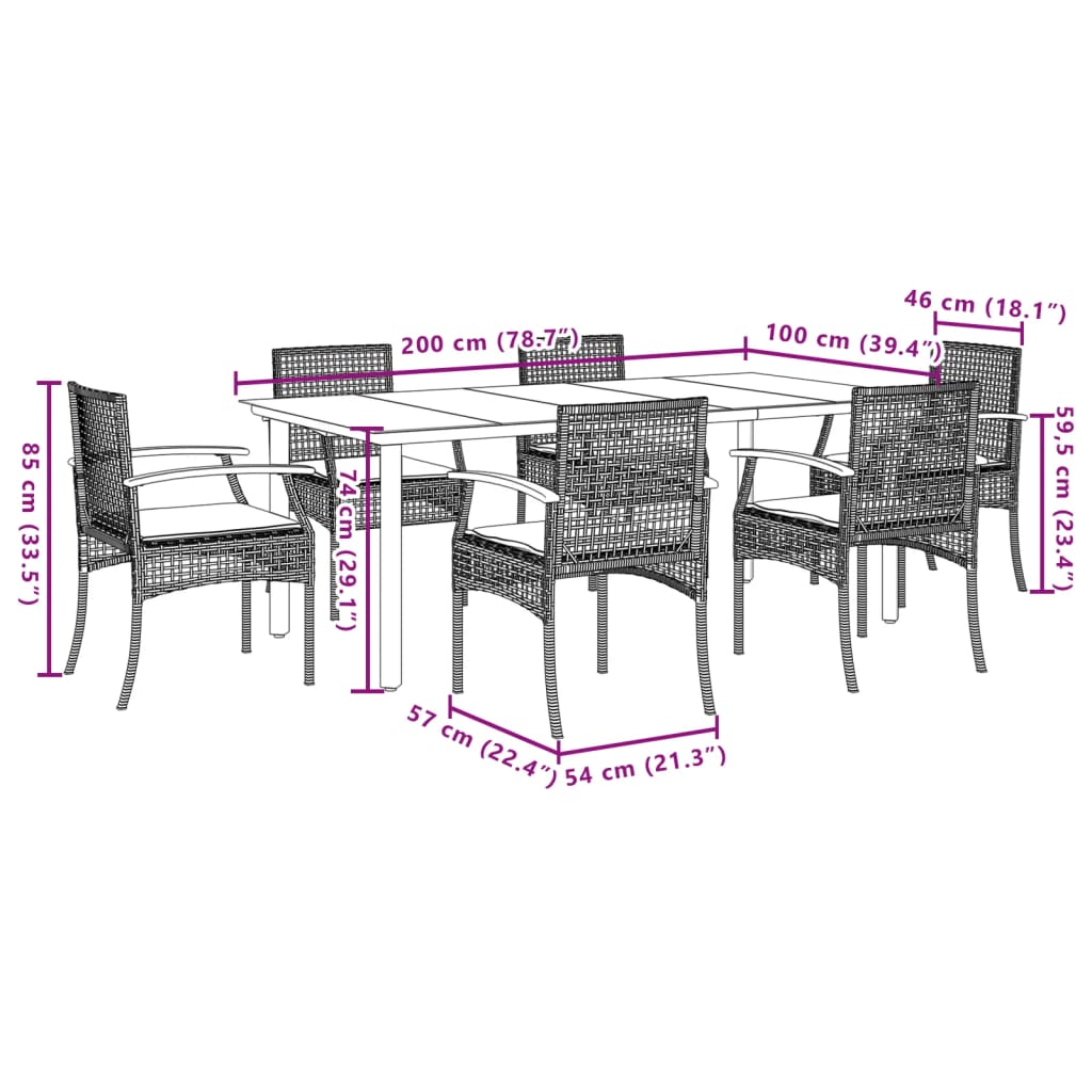 Ensemble à manger de jardin et coussins 7 pcs gris rotin