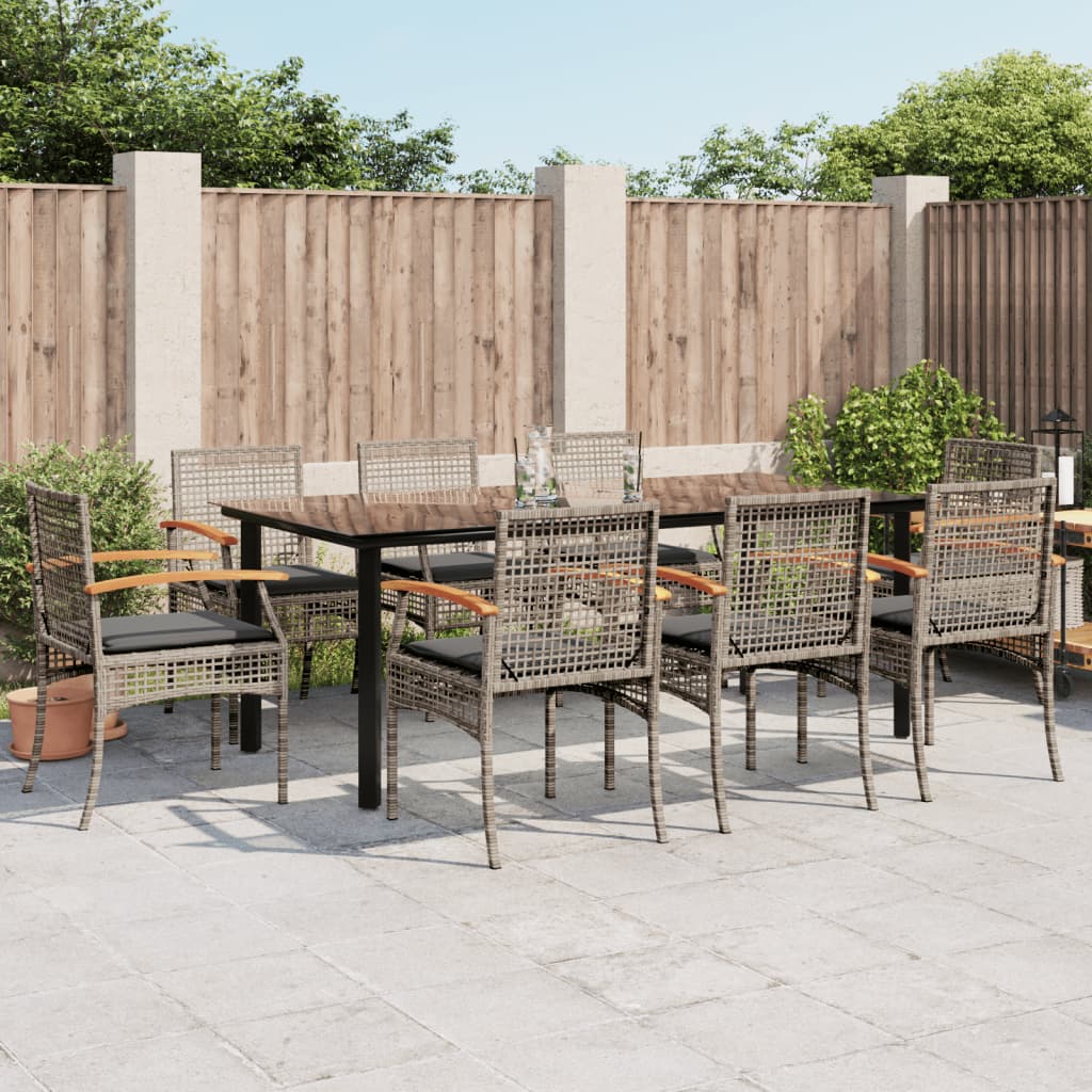 Ensemble à manger de jardin 9 pcs coussins gris résine tressée