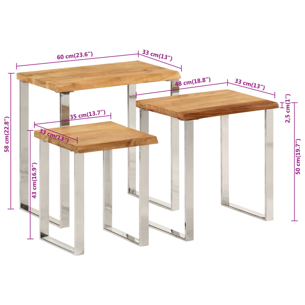 Tables gigognes 3 pcs avec bord vivant bois massif d'acacia - XIOS