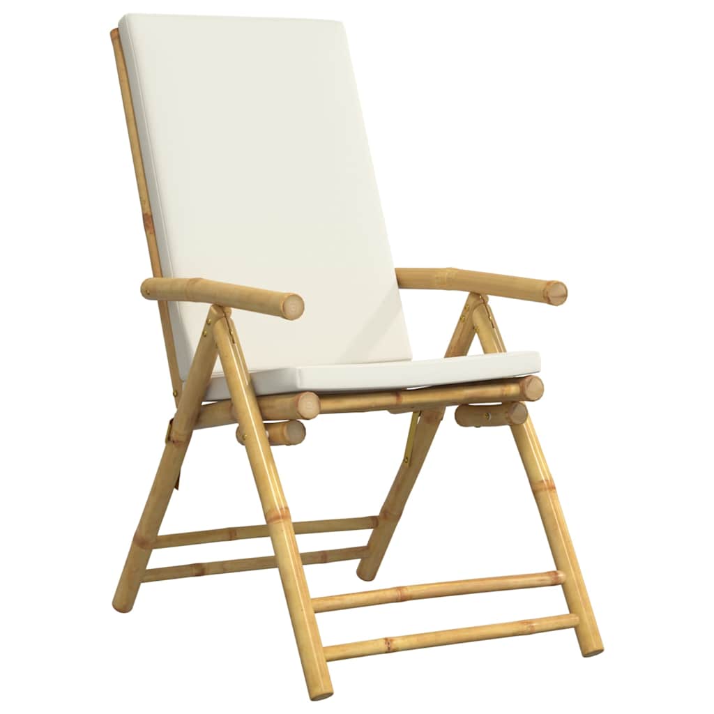Ensemble de bistro pliante 3 pcs et coussins blanc crème bambou