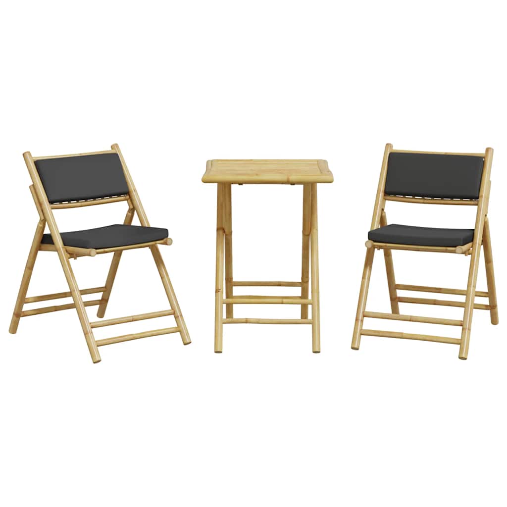 Ensemble de bistro pliante 3 pcs et coussins gris foncé bambou