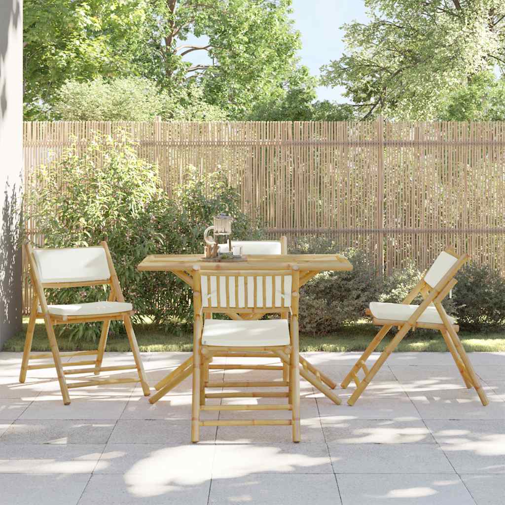 Ensemble de bistro pliante 5 pcs et coussins blanc crème bambou