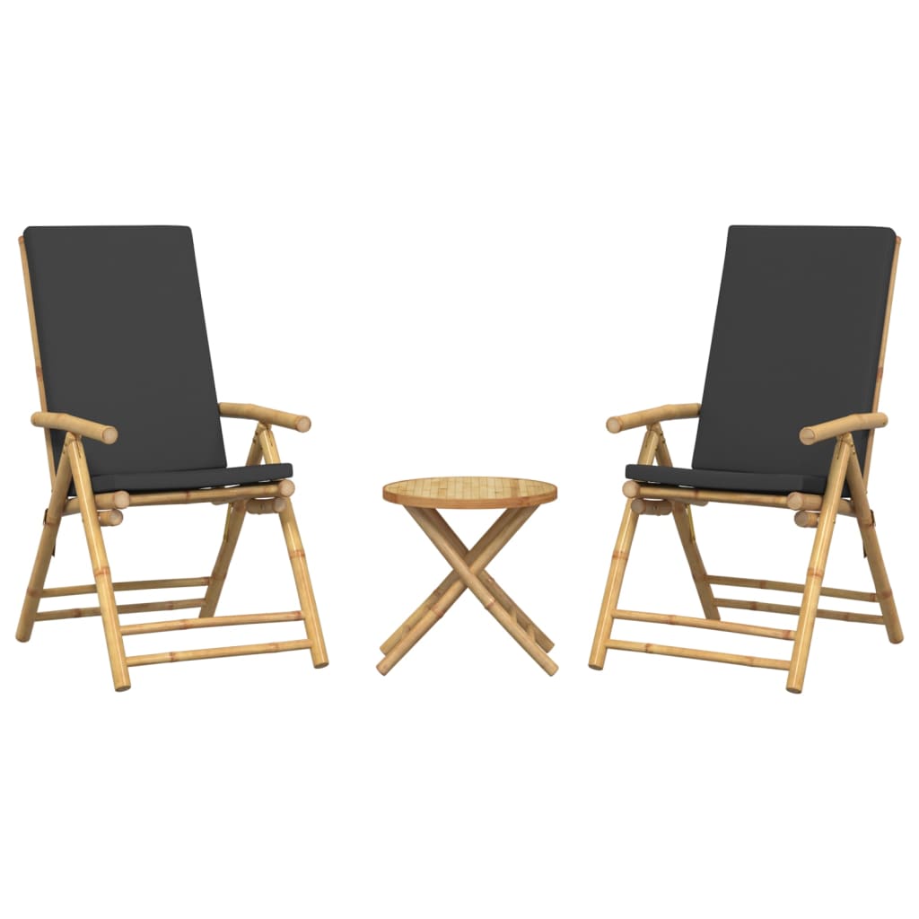 Ensemble de bistro pliante 3 pcs et coussins gris foncé bambou