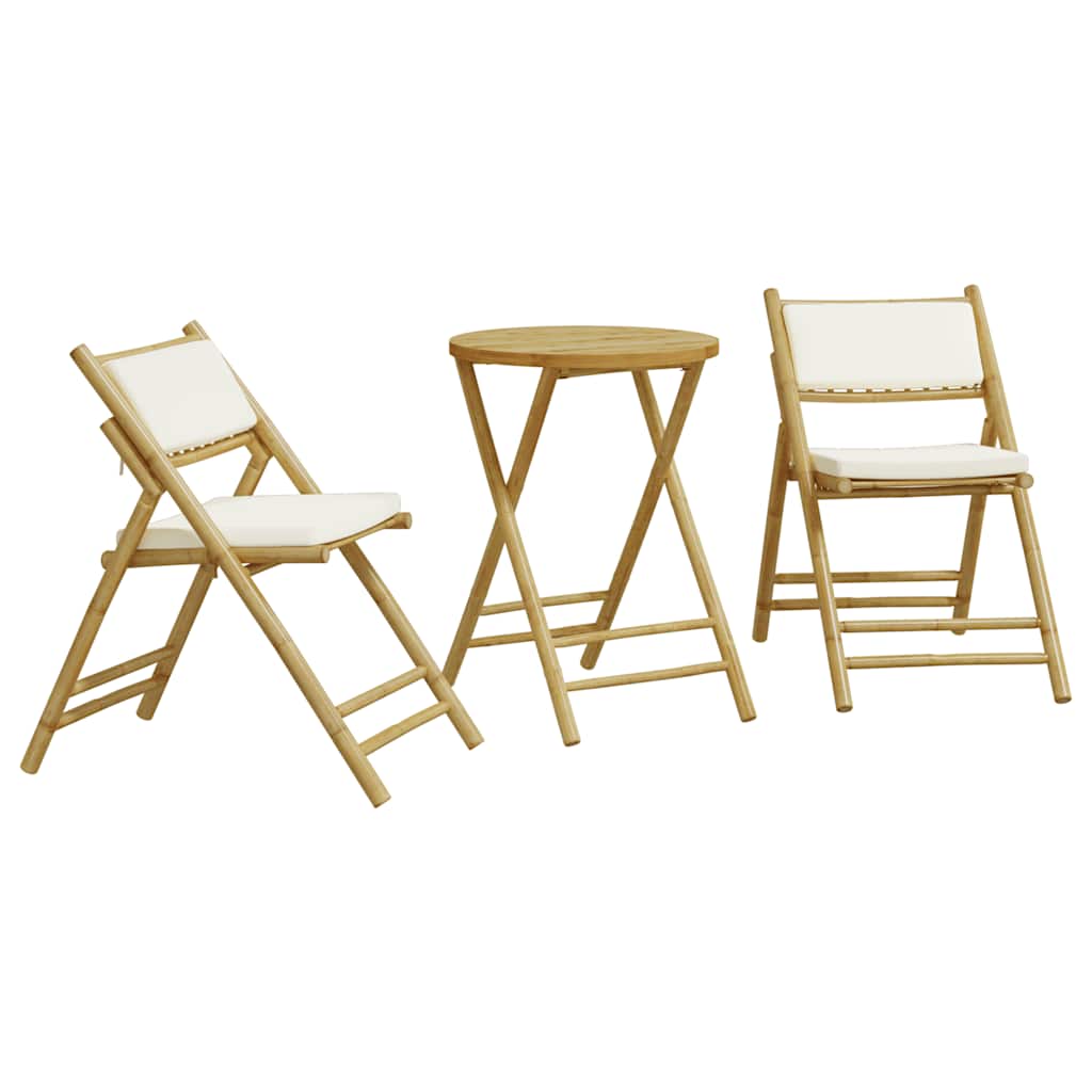 Ensemble de bistro pliante 3 pcs et coussins blanc crème bambou
