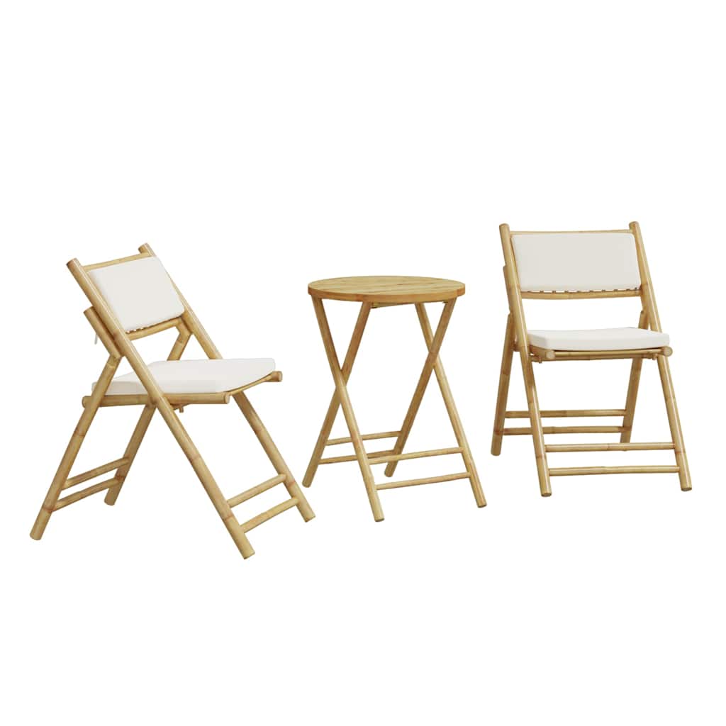 Ensemble de bistro pliante 3 pcs et coussins blanc crème bambou Salons de jardin vidaXL